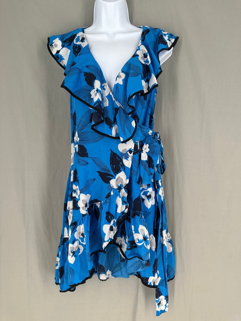 Yumi Kim Dress Womens XS Blue Floral Mini Silk Wrap Ruffle Boho Party V Neck
